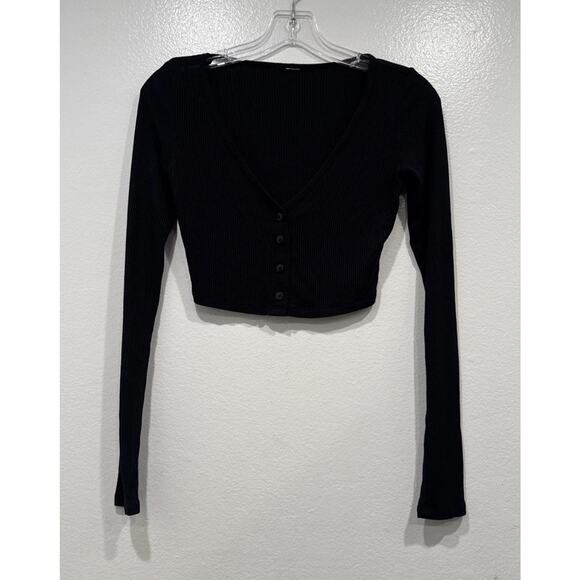 Alo Yoga Ribbed Whisper Cardigan Black Cropped Long Sleeve Button Front - Picture 1 of 6